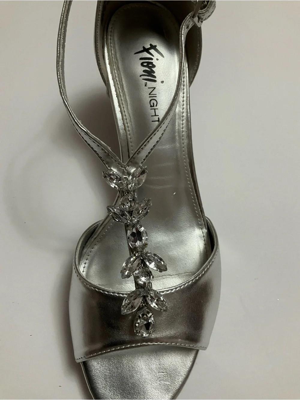 FIONI Night Silver Metallic Peep-Toe Slingback Heels with Crystal Accents